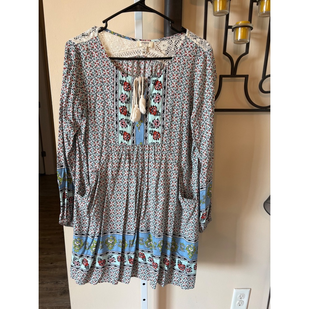 Umgee Boho Floral Crochet Lace Tunic Dress Long Sleeve Tassel Pockets Size M